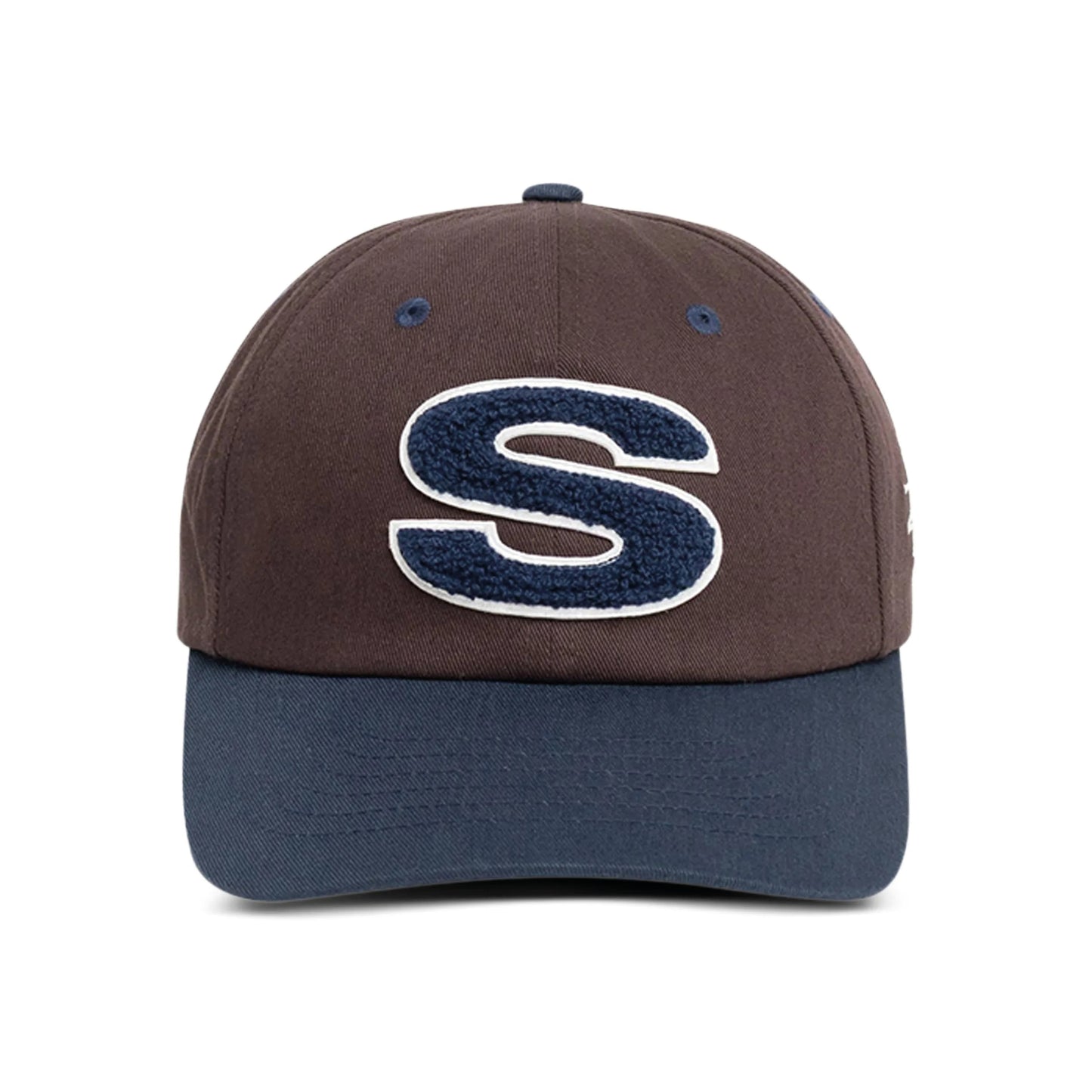 Stüssy Chenille S Low Pro Cap Dark Brown cotton baseball cap chenille S patch curved brim streetwear headwear