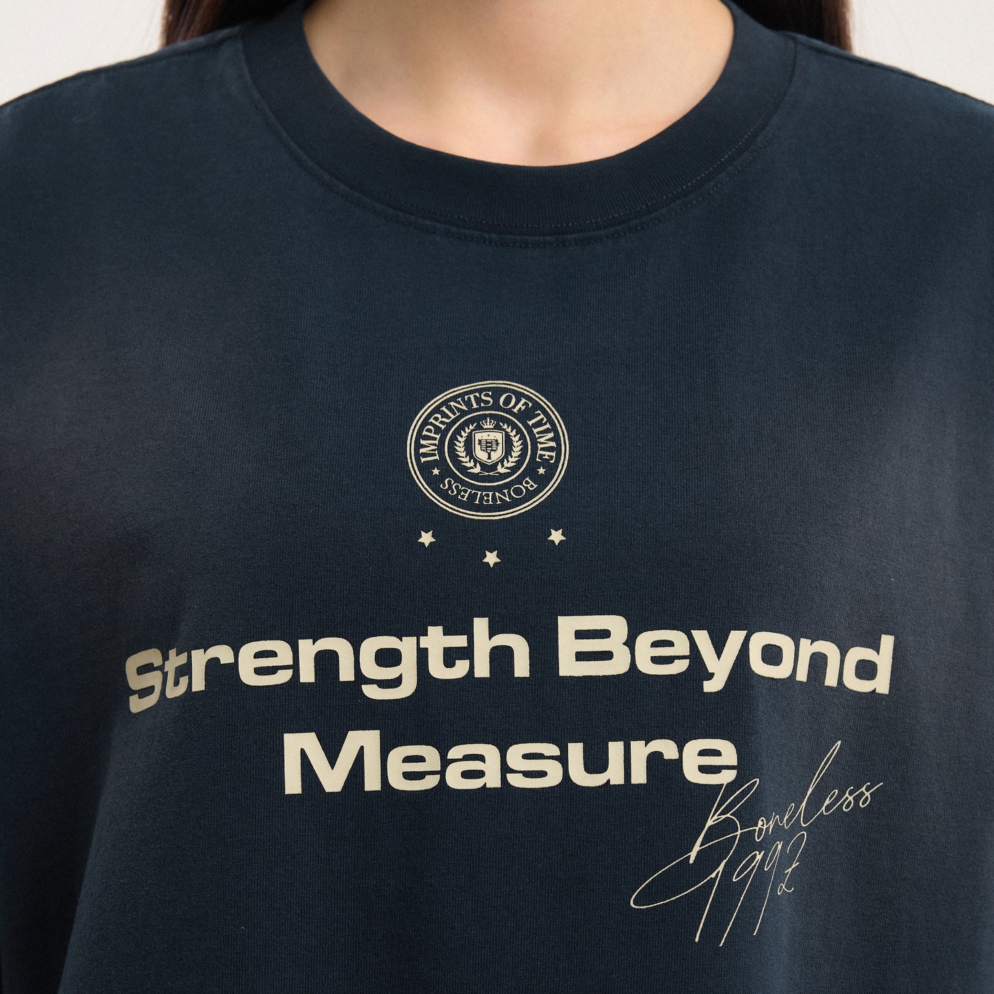 Boneless Spray Print T-Shirt Navy with Strength Beyond Measure graphic and contrast sleeve stripes