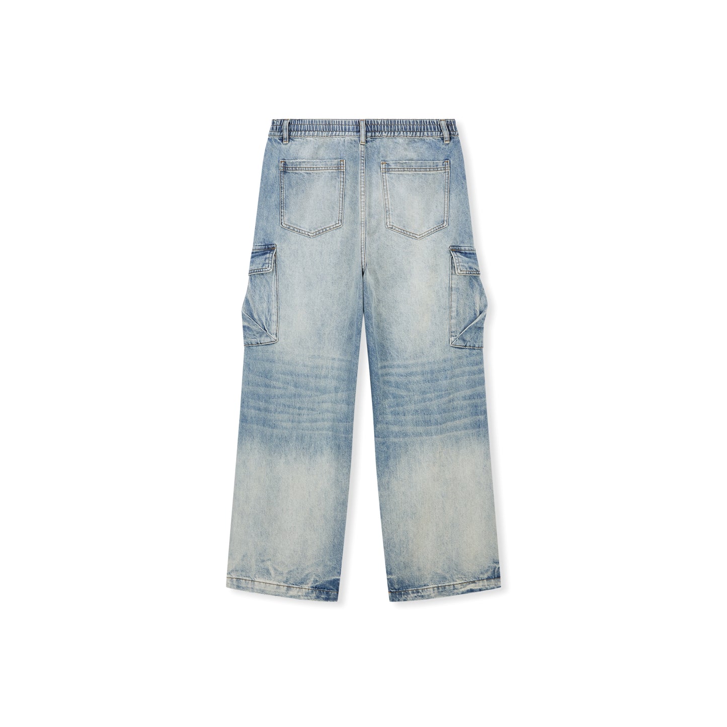 Boneless Parachute Denim Pants Blue with relaxed fit, distressed wash, and cargo pockets