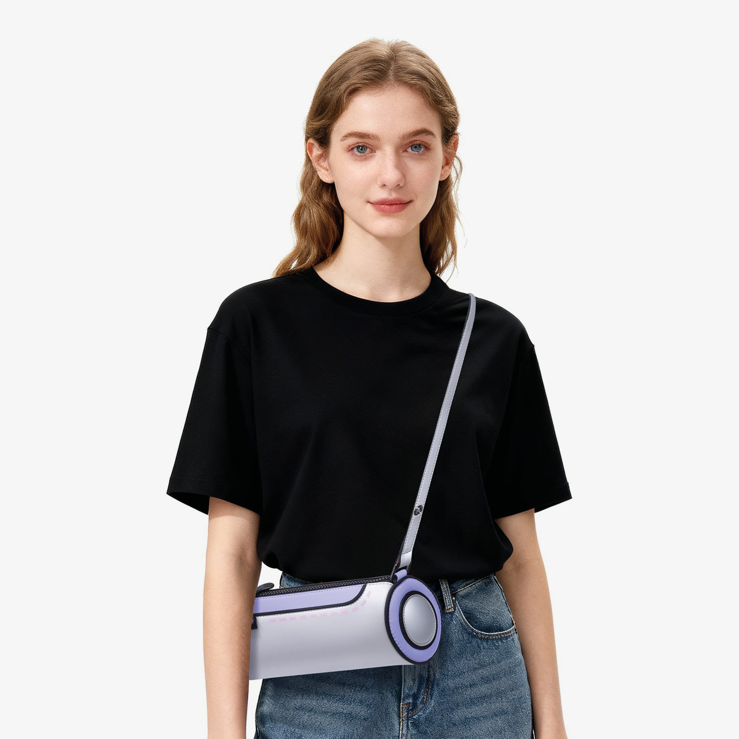 JumpFromPaper Cylinder Bag Moonlit Violet shoulder bag with cartoon-inspired 2D illusion design and cylindrical shape