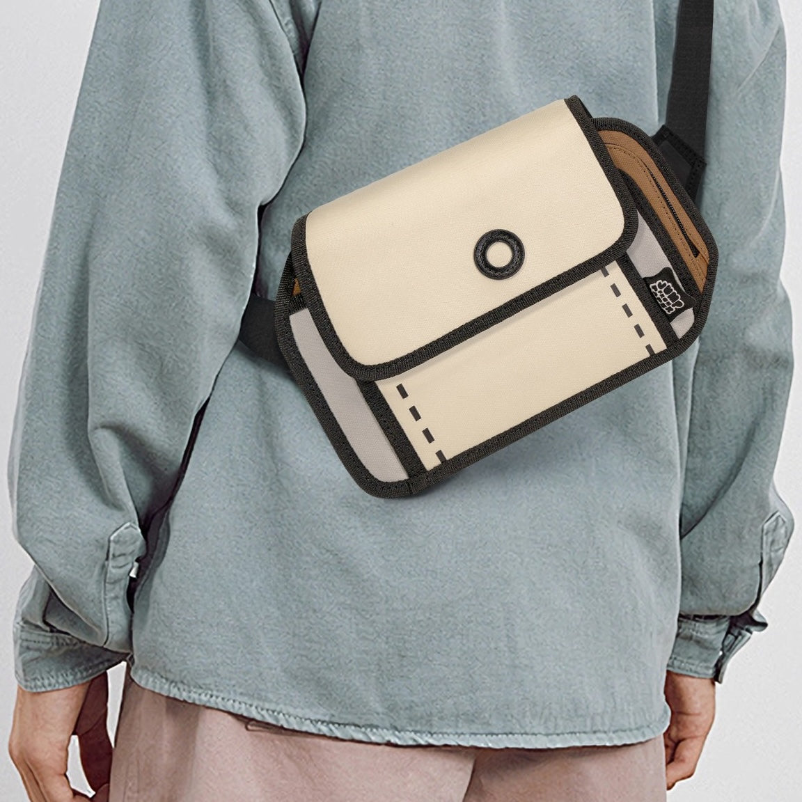JumpFromPaper Sport Sling Bag 'Beige' – beige 2D illusion sling bag with flap closure and cartoon-style design, front view