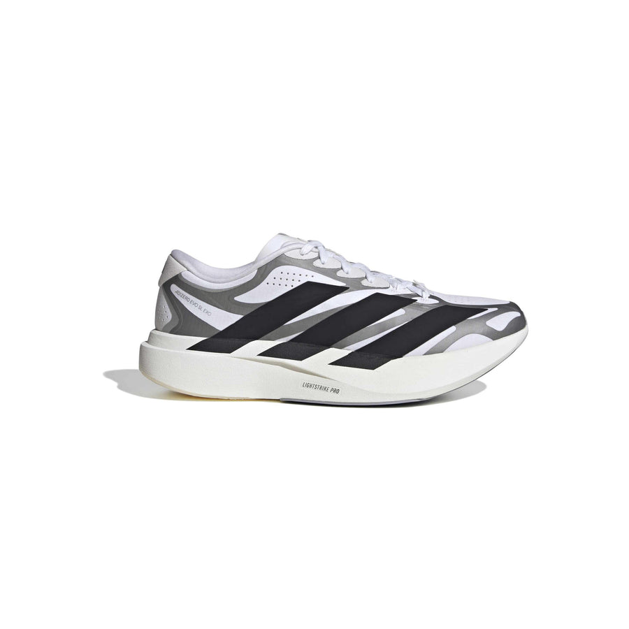 adidas Adizero Evo SL Exo White Black Silver running shoe with LIGHTSTRIKE PRO midsole and breathable mesh upper