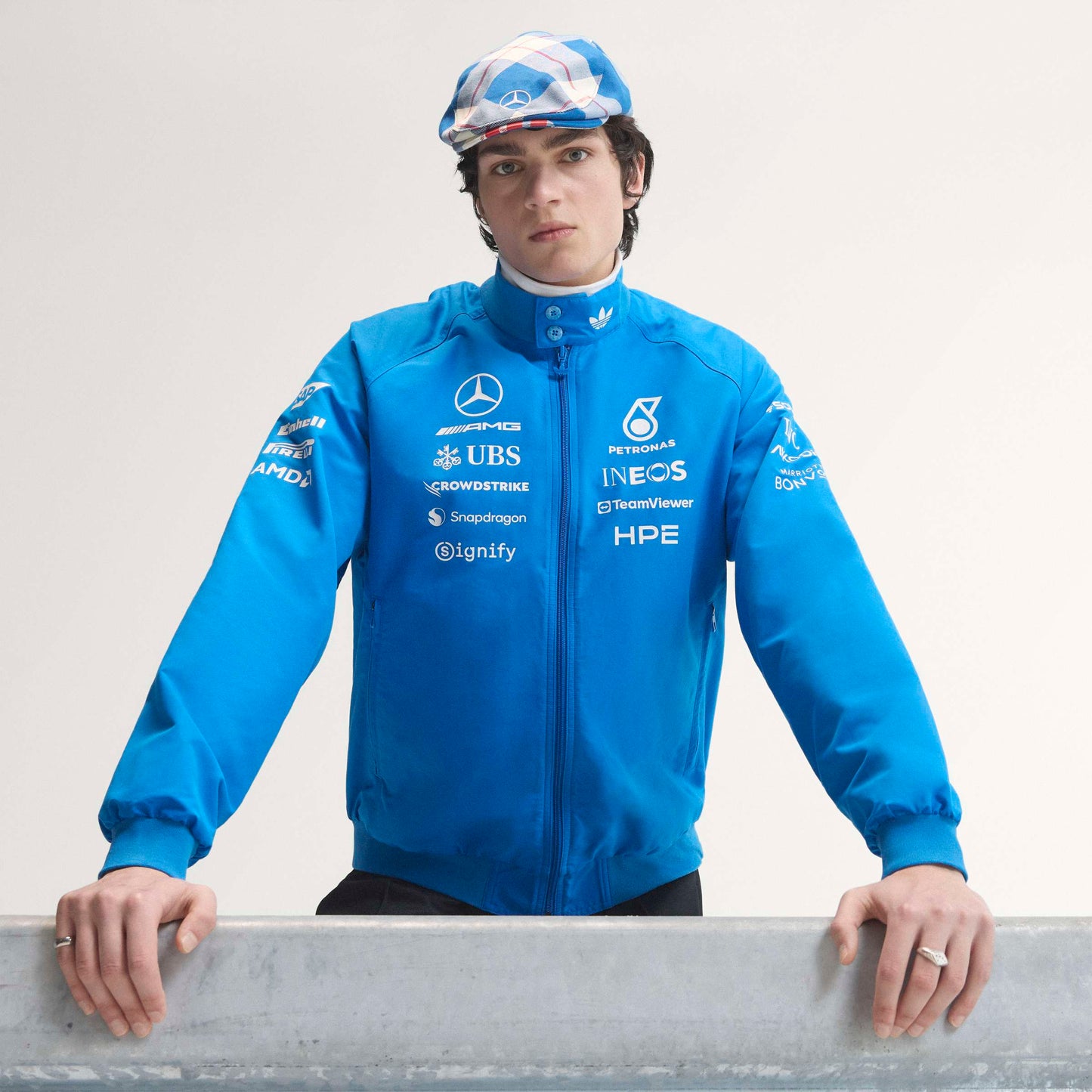 adidas Mercedes-AMG Petronas Formula One Team Blue Wonder Arrow Driver Harrington Jacket Blue White with official sponsor logos and full zip design