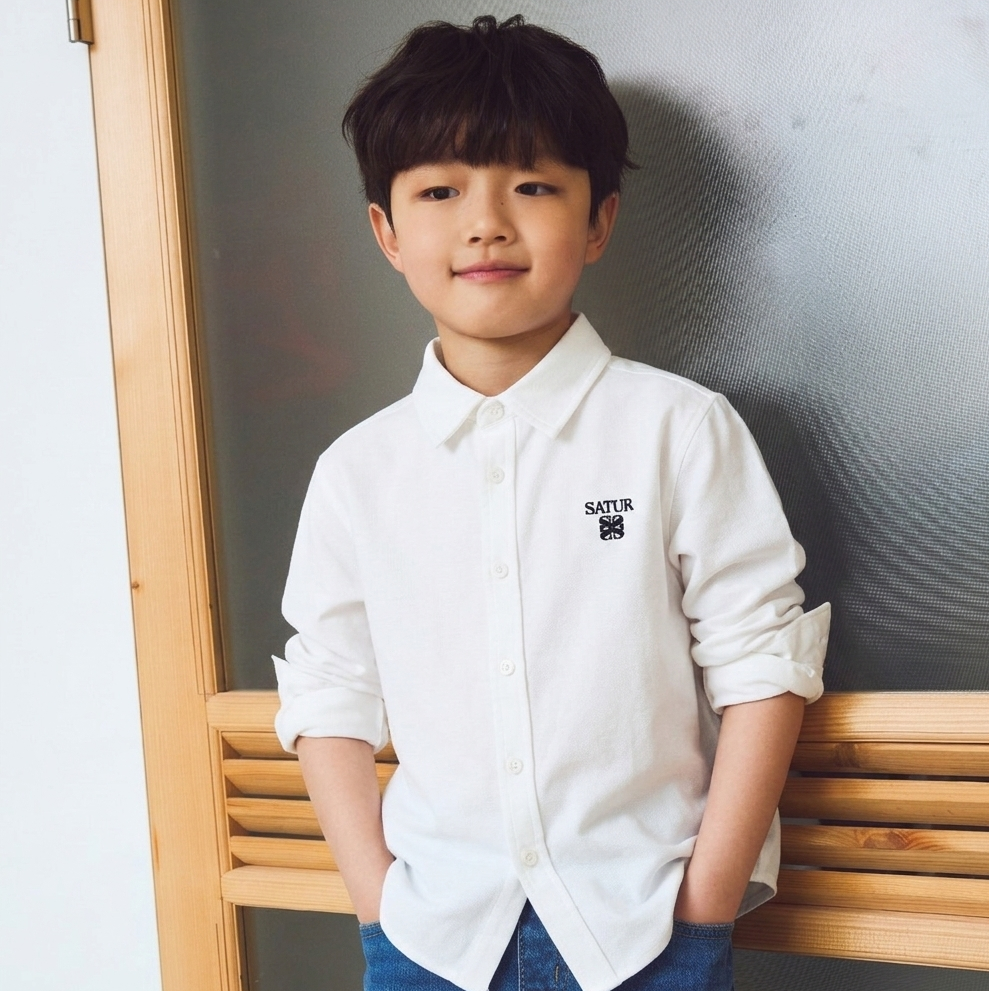 SATUR Loren Oxford Shirt White kids cotton oxford button up shirt embroidered logo casual apparel