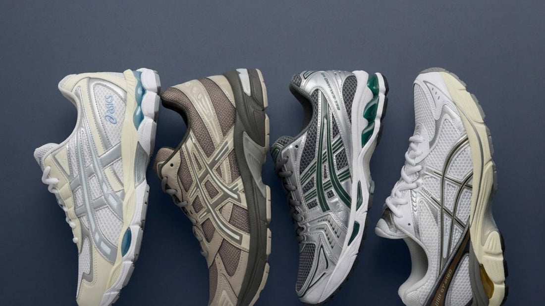 ASICS sneakers lineup featuring GEL-NYC 2055 White Piedmont Grey, GT-2160 White Soft Yellow, GEL-1130 Sepia Brown Driftwood, and GEL-KAYANO 14 Metropolis Jasper Green.