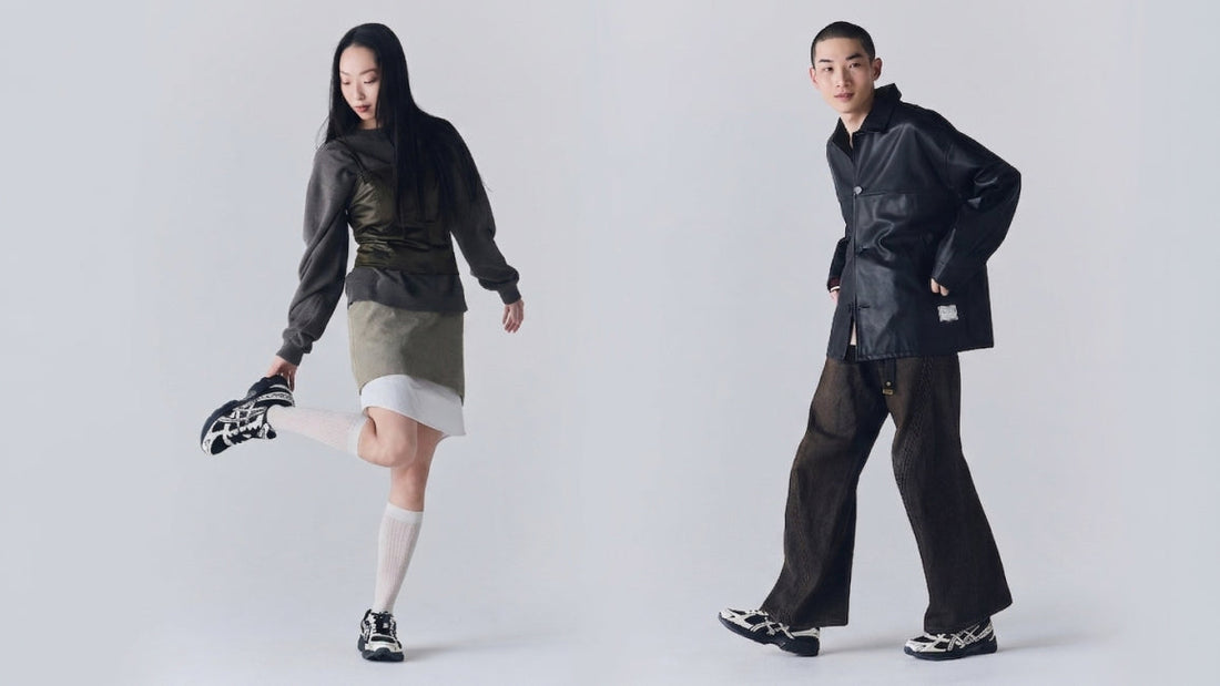 Models wearing ASICS GEL-1130 Black Cream sneakers, showcasing retro running shoe design and everyday streetwear styling.