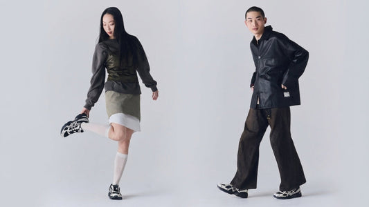 Models wearing ASICS GEL-1130 Black Cream sneakers, showcasing retro running shoe design and everyday streetwear styling.