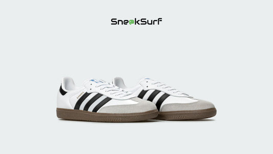 Image of the adidas Originals Samba OG ‘White Black Gum,’ a classic retro sneaker featuring a white leather upper, black Three Stripes, and a gum sole, celebrated for its timeless streetwear and football heritage