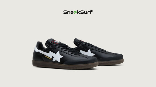 Adidas Samba x BAPE ‘Black White Gum’, featuring premium leather uppers, signature BAPE camo accents, co-branded details, and a classic gum sole that fuses streetwear heritage with iconic three-stripe style.
