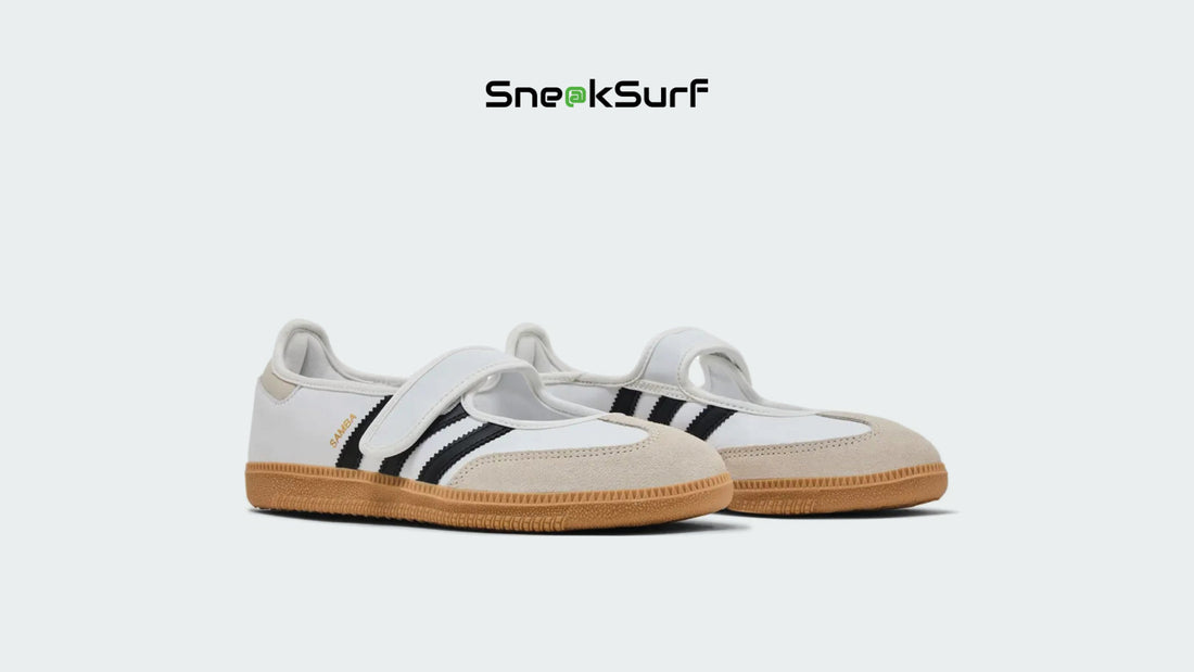 Image of the Adidas Originals Samba Jane ‘White Black Gum,’ a retro-inspired velcro sneaker featuring smooth white leather, black Three Stripes detailing, and a classic gum sole — blending vintage charm with everyday street style.