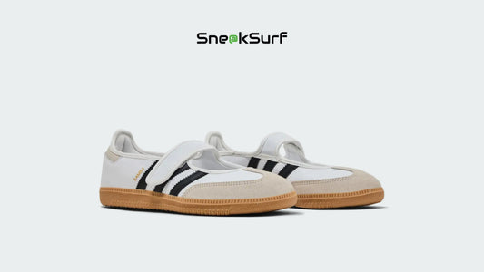 Image of the Adidas Originals Samba Jane ‘White Black Gum,’ a retro-inspired velcro sneaker featuring smooth white leather, black Three Stripes detailing, and a classic gum sole — blending vintage charm with everyday street style.