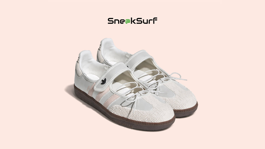 adidas Originals Samba Jane ‘Cloud White Pink’ women’s sneakers with velcro straps, pink accents, and classic gum sole.