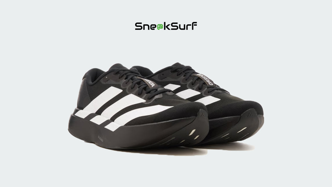 Image of the ADIDAS Adizero Evo SL ‘Black White,’ an ultra-lightweight running shoe featuring Lightstrike Pro cushioning, a streamlined mesh upper, and a bold black-and-white contrast design, built for speed, comfort, and race-day performance.