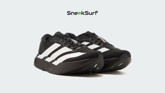 Image of the ADIDAS Adizero Evo SL ‘Black White,’ an ultra-lightweight running shoe featuring Lightstrike Pro cushioning, a streamlined mesh upper, and a bold black-and-white contrast design, built for speed, comfort, and race-day performance.