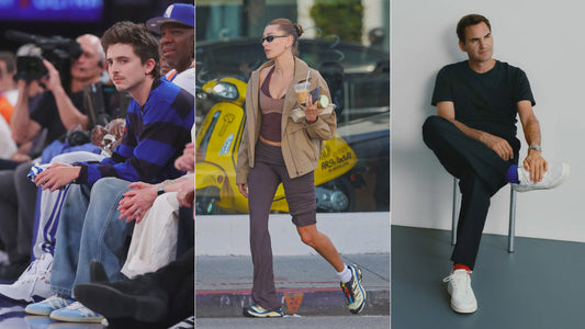Timothée Chalamet wearing adidas Samba sneakers, Hailey Bieber wearing Salomon XT-6 trail running shoes, and Roger Federer wearing On Cloud running shoes, showcasing iconic lifestyle sneakers from adidas, Salomon, and On Running.