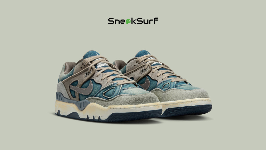 Nike Air Force 3 Low x NIGO x Levi’s “Olive Grey” sneakers featuring premium denim details, olive grey leather upper, co-branded design, and classic Air Force silhouette.