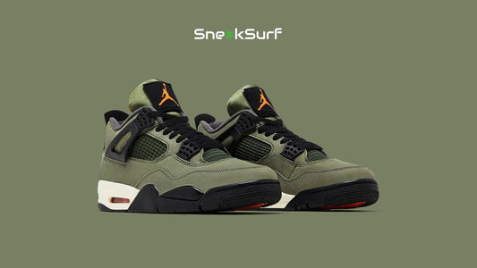 An image of the 2025 Nike Air Jordan 4 x Undefeated collaboration, featuring a military-inspired design with premium materials, muted earth tones, and bold detailing that reflects Undefeated’s signature streetwear aesthetic.
