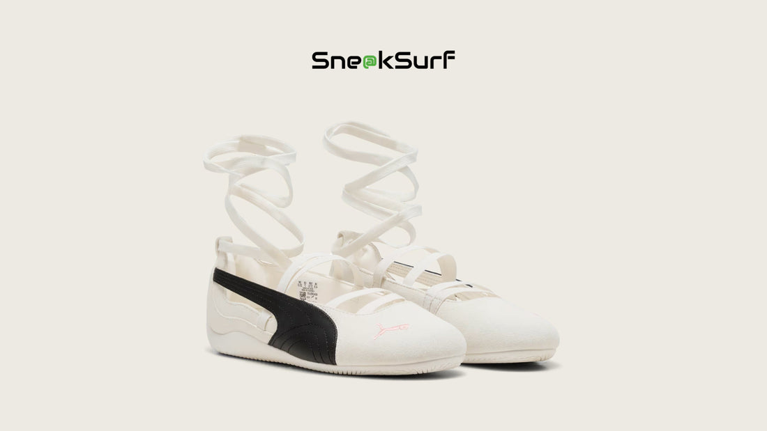 An image from the BLACKPINK Rosé x PUMA collection, showcasing the Speedcat Ballet SD in White Black Frosty Pink — a sleek, feminine silhouette that merges motorsport heritage with graceful, ballet-inspired style