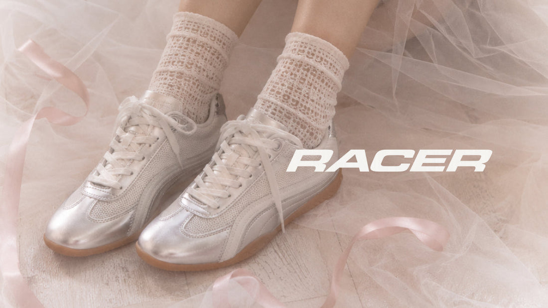 SneakSurf Racer Silver Metallic White lifestyle sneaker showcasing SneakSurf's first in-house footwear collection.