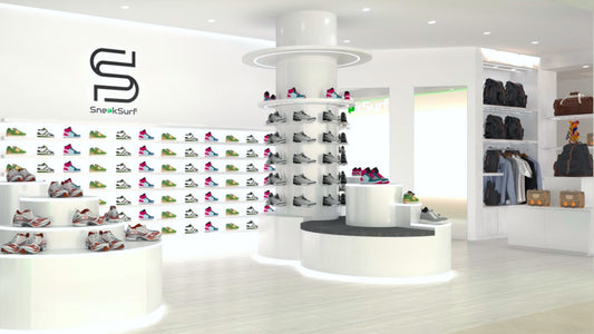 3D render showing SneakSurf’s future retail store at Tampines Mall, highlighting the sneaker display walls, store layout, and branding.