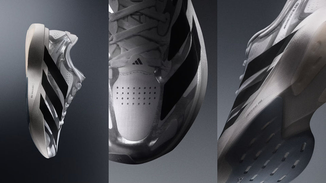 Close-up product shot of adidas Adizero EVO SL EXO 'White Black Silver' lightweight running shoe with breathable engineered mesh upper and signature 3-Stripes.