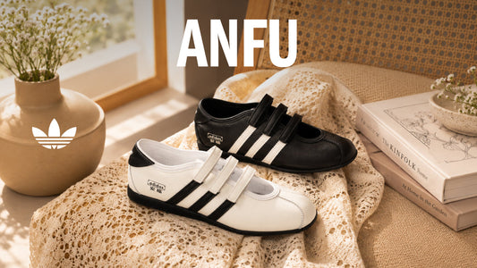 adidas Originals ANFU Mary Jane shoes in black and white styled on cream crochet fabric in warm natural light