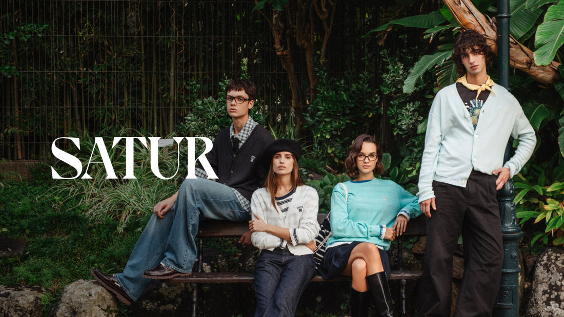 SATUR apparel collection campaign featuring casual knitwear, cardigans, sweatshirts and everyday essentials styled in a modern outdoor setting, showcasing soft premium fabrics and relaxed silhouettes.