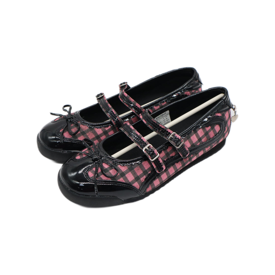SneakSurf Mary Jane Pink Plaid/Black - angled pair view showing the straps and outer sides