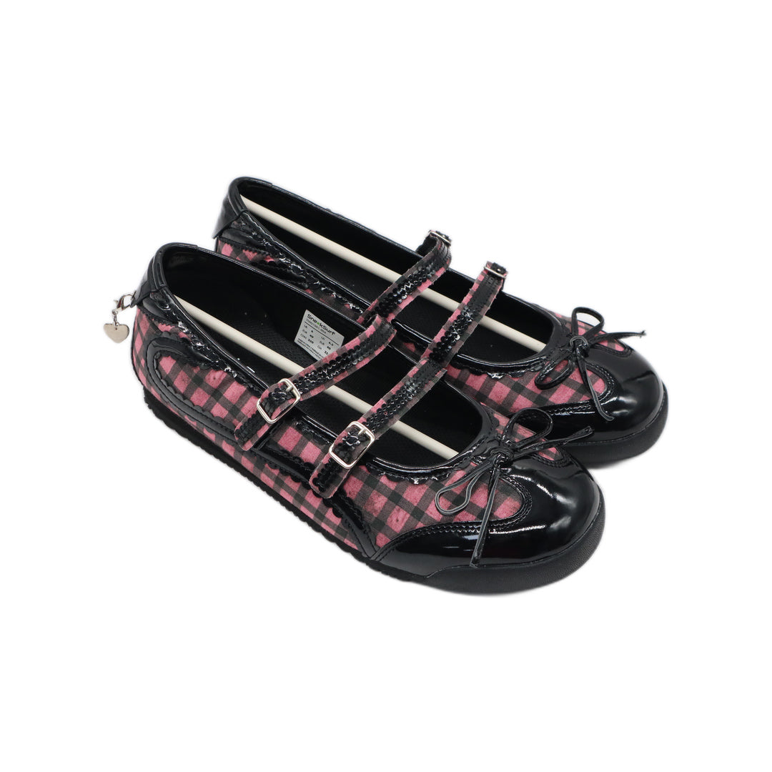 SneakSurf Mary Jane Pink Plaid/Black - angled pair view showing the rounded toes and buckle straps