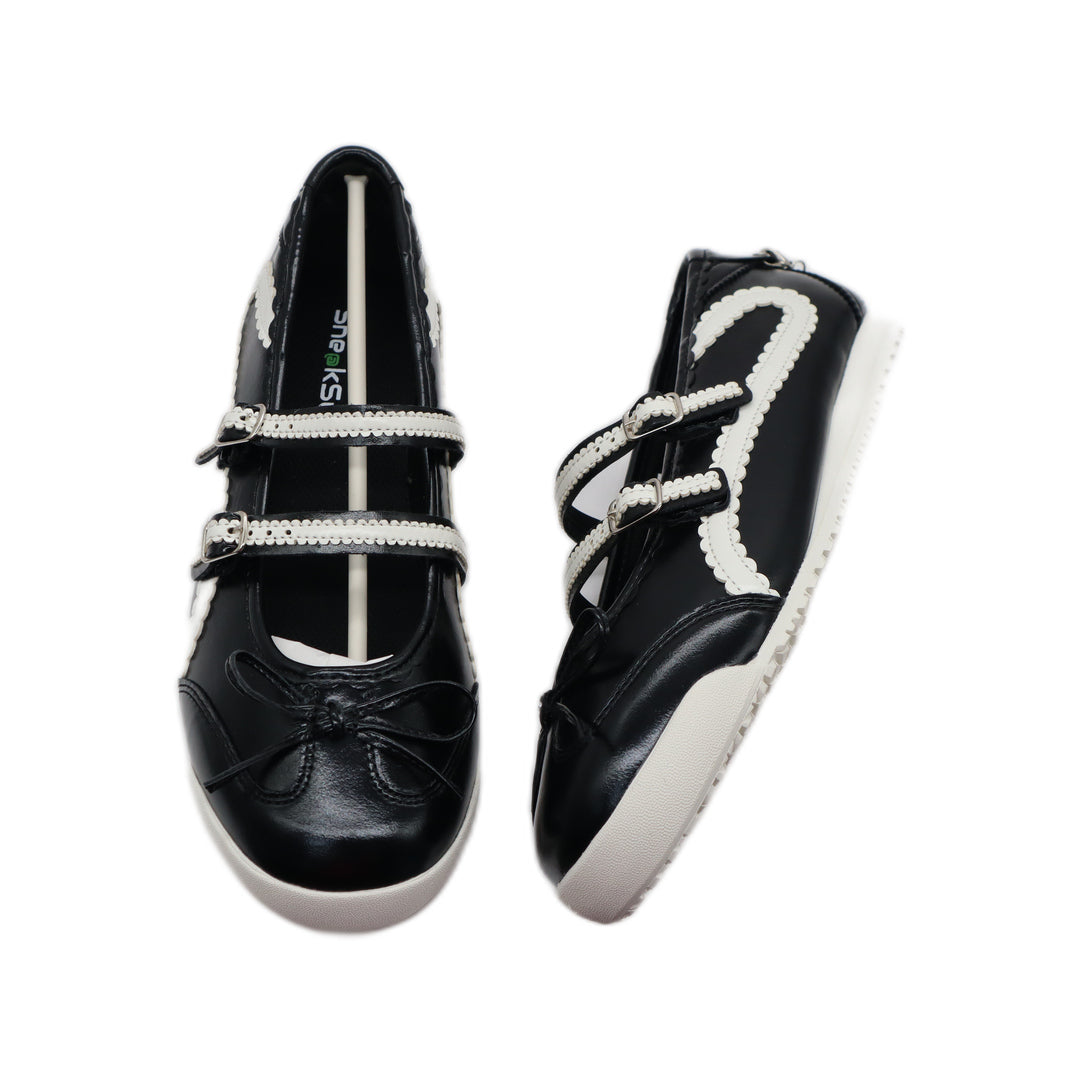 SneakSurf Mary Jane Black White/Cream - top view of one shoe beside an angled side view of the other