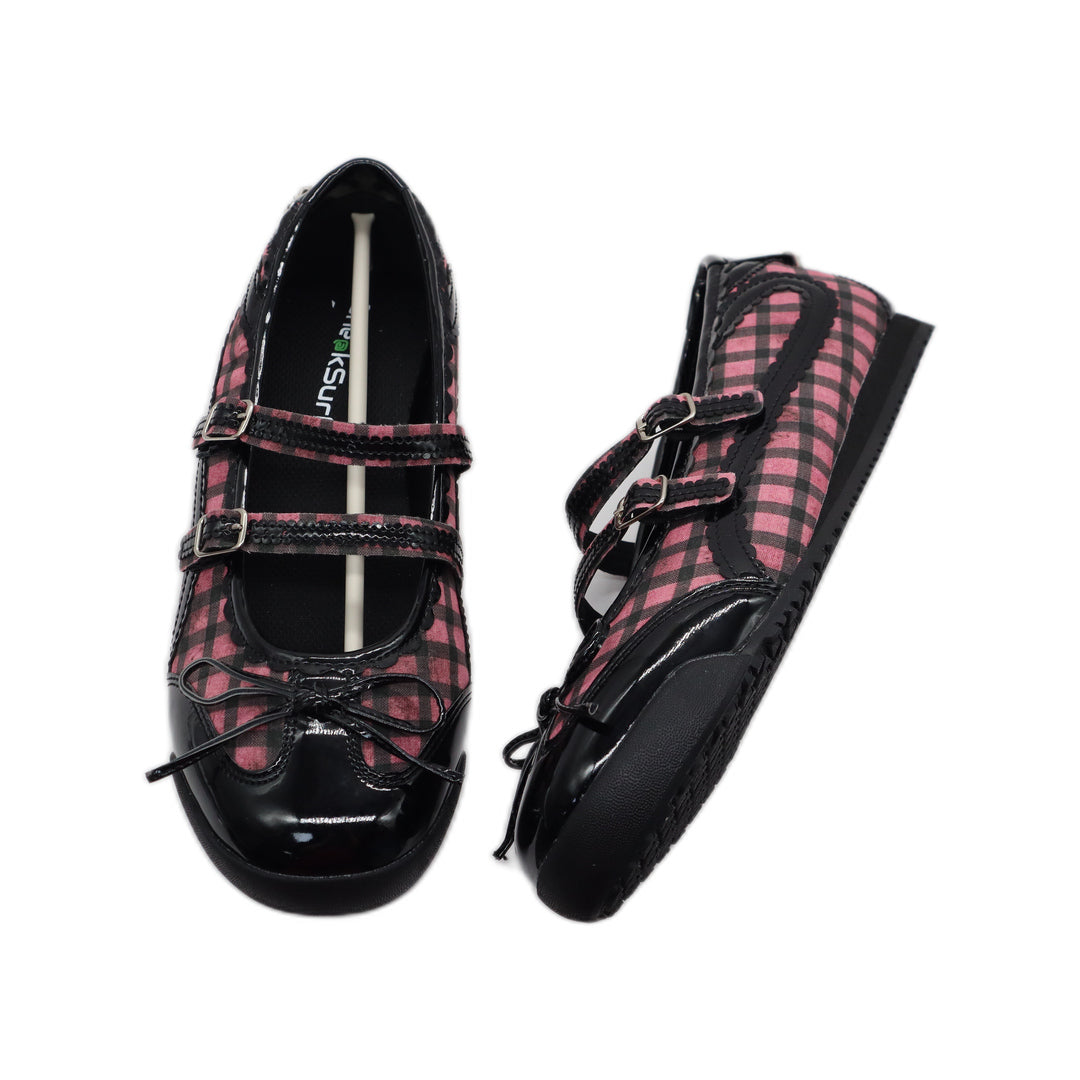 SneakSurf Mary Jane Pink Plaid/Black - top view of one shoe beside an angled side view of the other