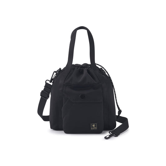 PORTER INTERNATIONAL Lapse Bucket Bag Black small drawstring bucket bag front flap pocket adjustable shoulder strap everyday crossbody