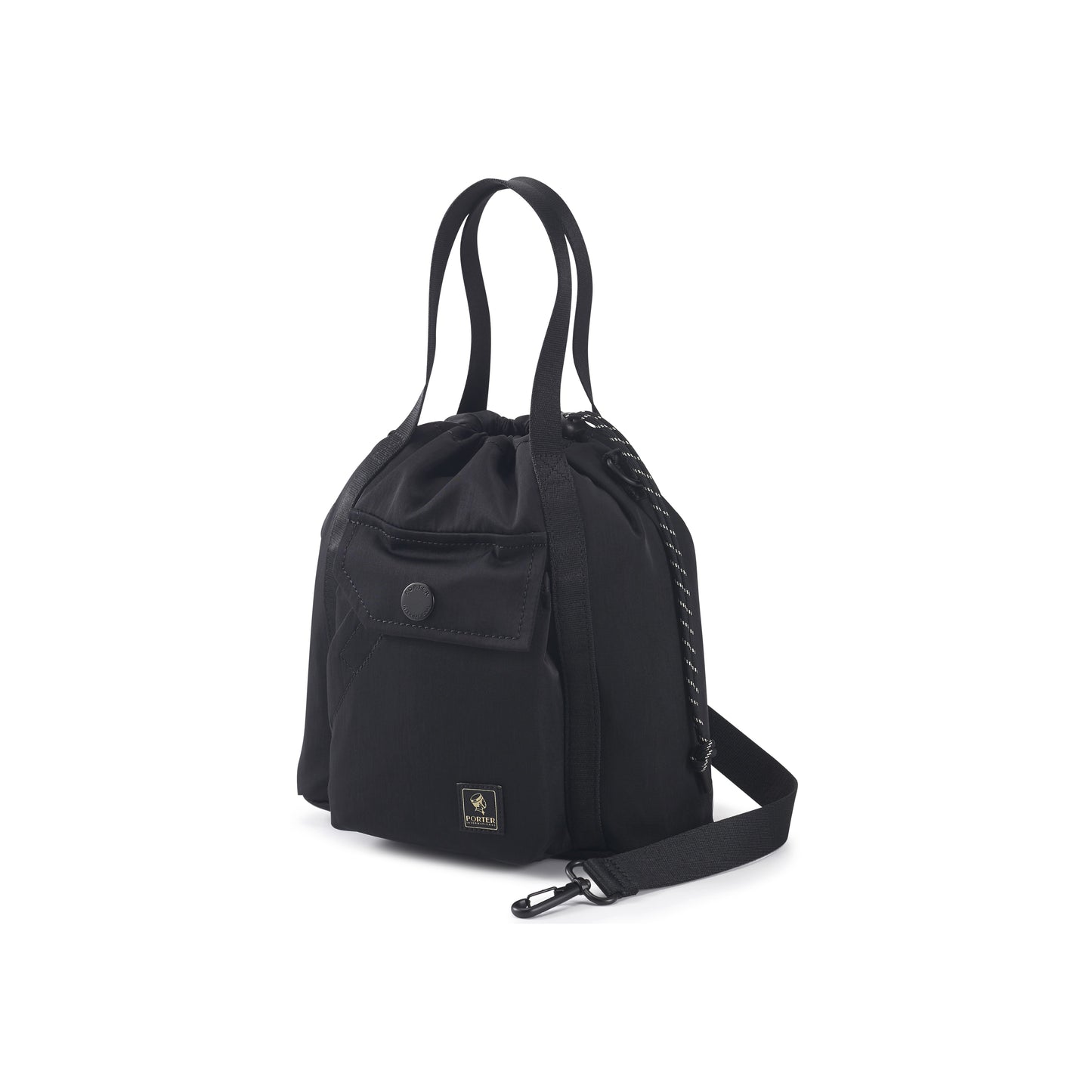 PORTER INTERNATIONAL Lapse Bucket Bag Black small drawstring bucket bag front flap pocket adjustable shoulder strap everyday crossbody