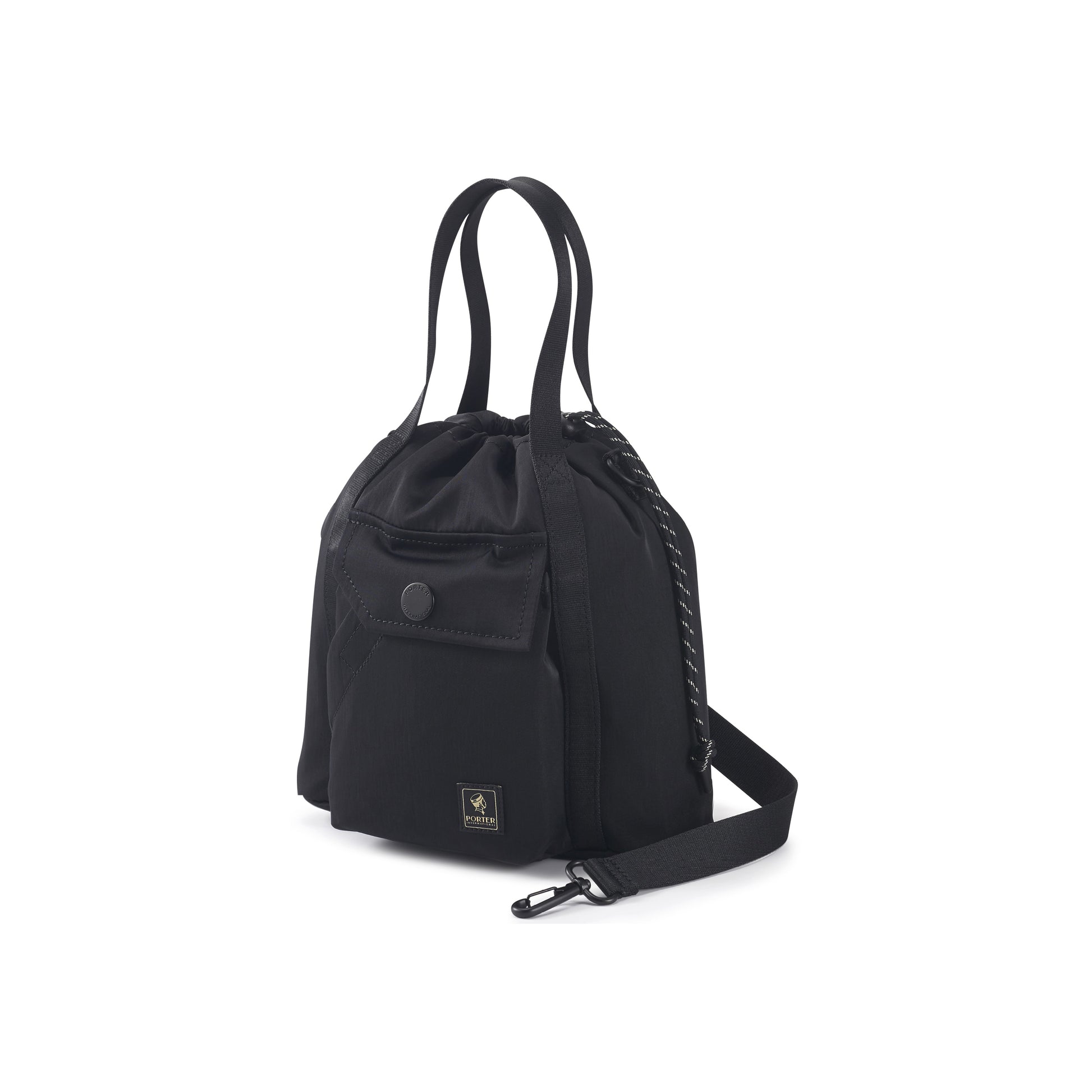 PORTER INTERNATIONAL Lapse Bucket Bag Black small drawstring bucket bag front flap pocket adjustable shoulder strap everyday crossbody