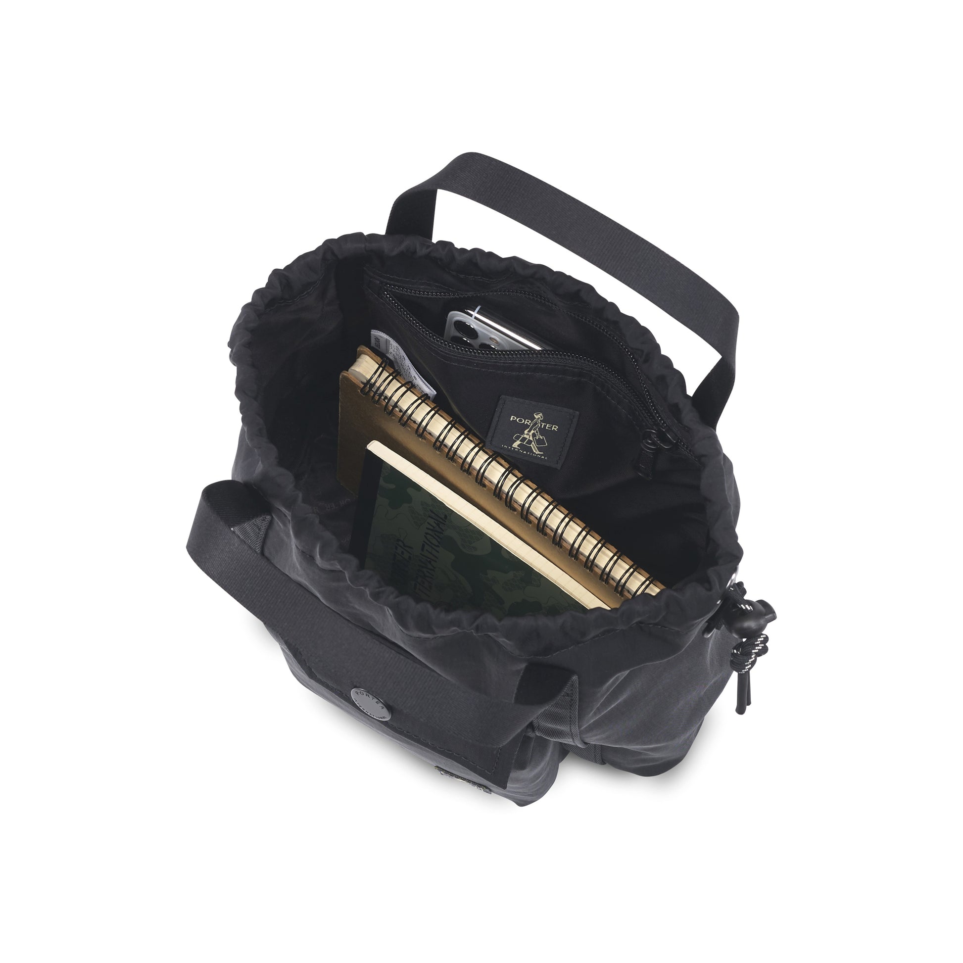 PORTER INTERNATIONAL Lapse Bucket Bag Black small drawstring bucket bag front flap pocket adjustable shoulder strap everyday crossbody
