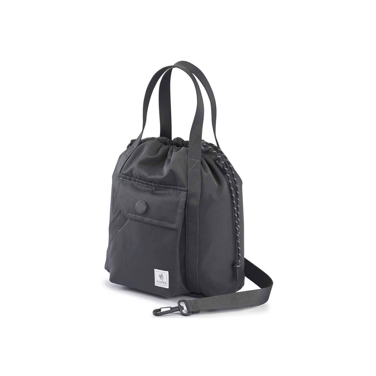PORTER INTERNATIONAL Lapse Bucket Bag Grey small drawstring bucket bag front flap pocket adjustable shoulder strap everyday crossbody