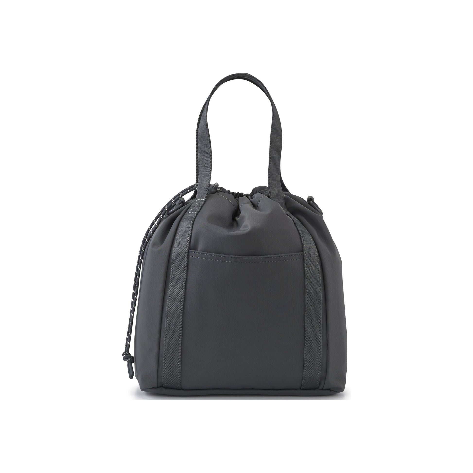 PORTER INTERNATIONAL Lapse Bucket Bag Grey small drawstring bucket bag front flap pocket adjustable shoulder strap everyday crossbody