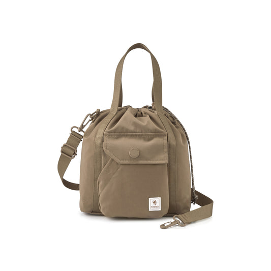 PORTER INTERNATIONAL Lapse Bucket Bag Brown small drawstring bucket bag front flap pocket adjustable shoulder strap everyday crossbody