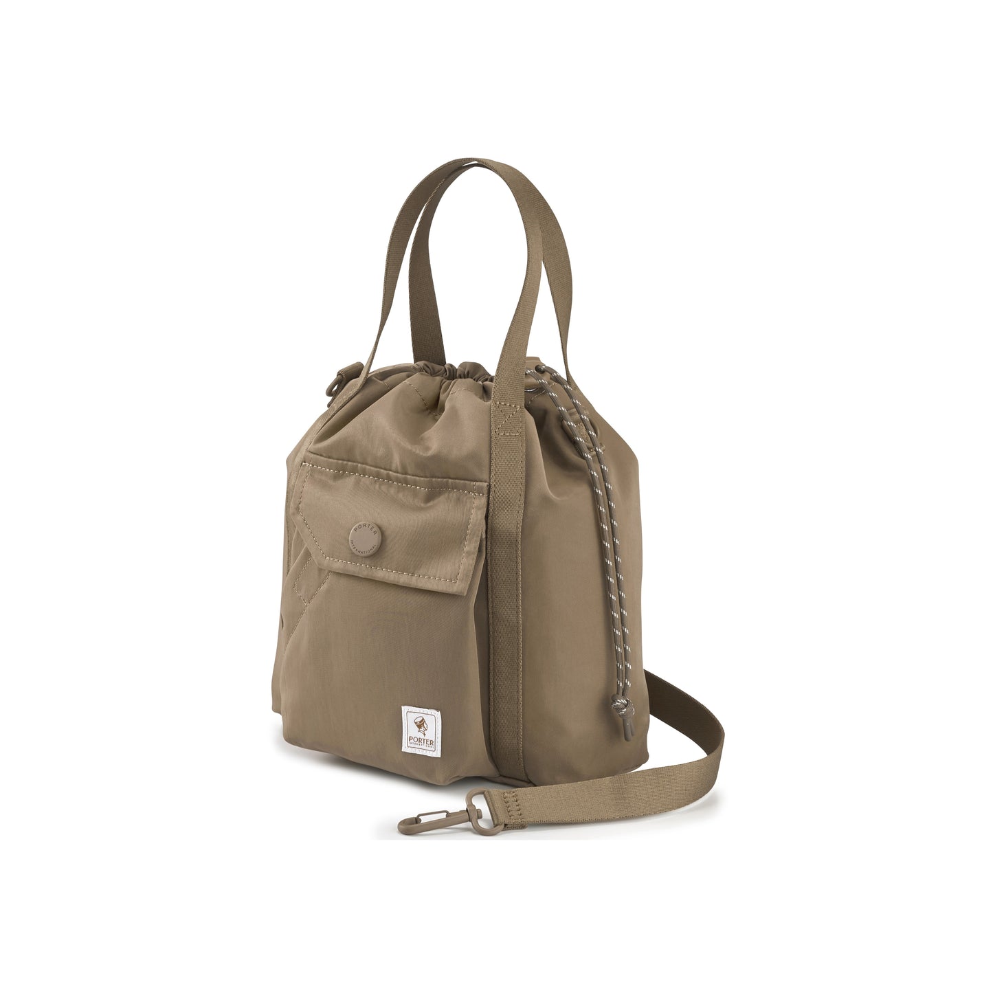 PORTER INTERNATIONAL Lapse Bucket Bag Brown small drawstring bucket bag front flap pocket adjustable shoulder strap everyday crossbody