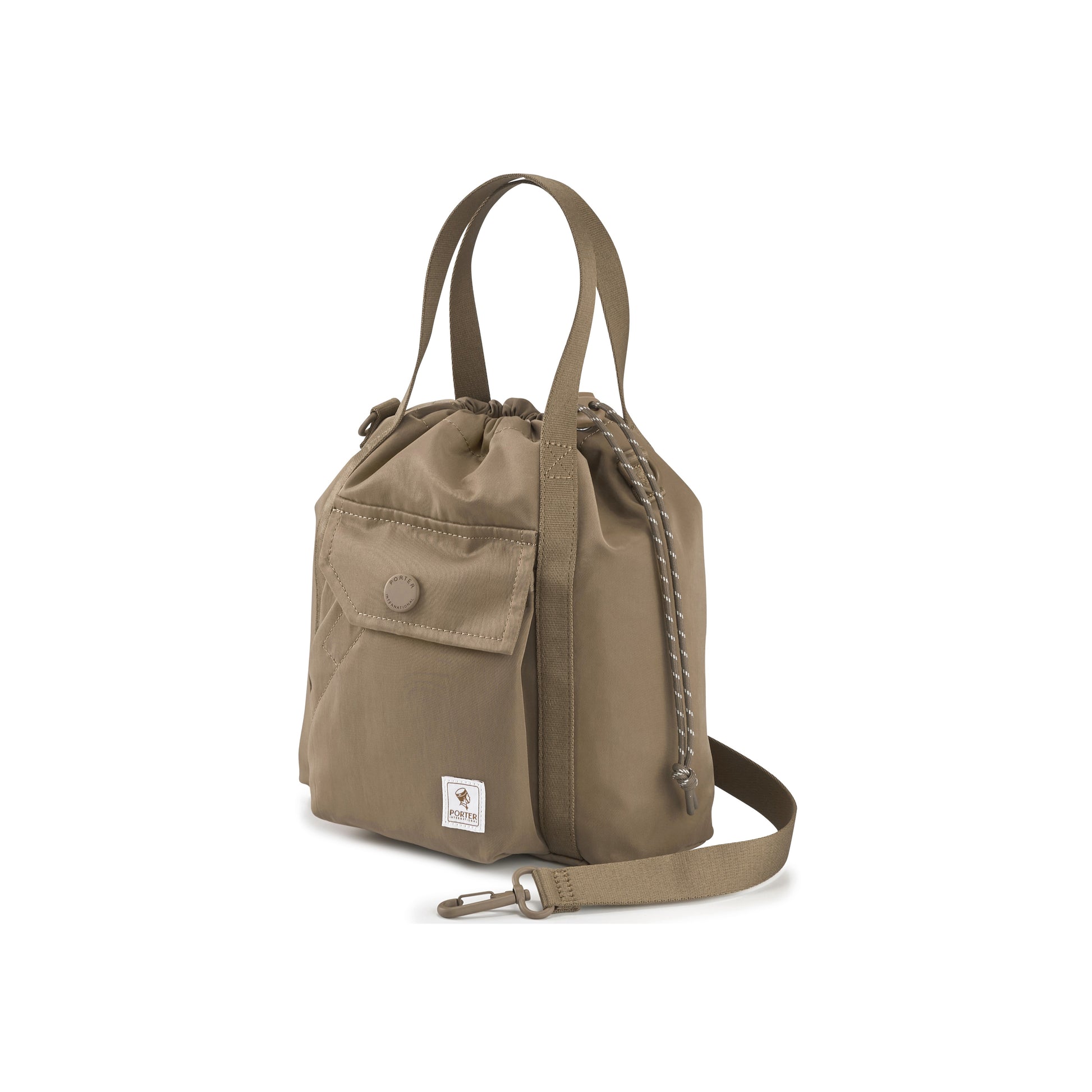 PORTER INTERNATIONAL Lapse Bucket Bag Brown small drawstring bucket bag front flap pocket adjustable shoulder strap everyday crossbody