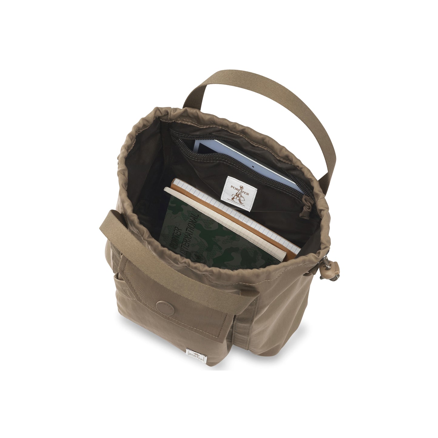 PORTER INTERNATIONAL Lapse Bucket Bag Brown small drawstring bucket bag front flap pocket adjustable shoulder strap everyday crossbody