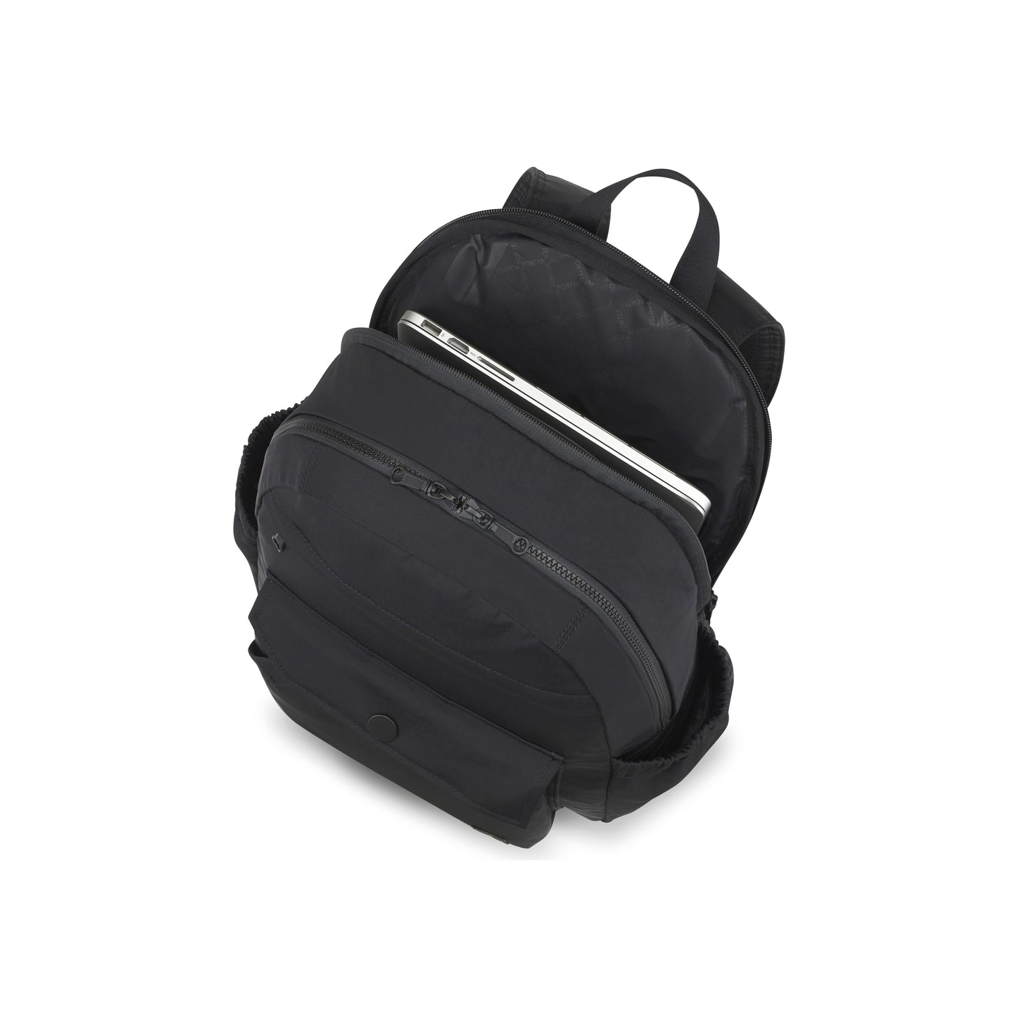 PORTER INTERNATIONAL Lapse Backpack Black textured fabric backpack front flap pocket zip compartments everyday carry