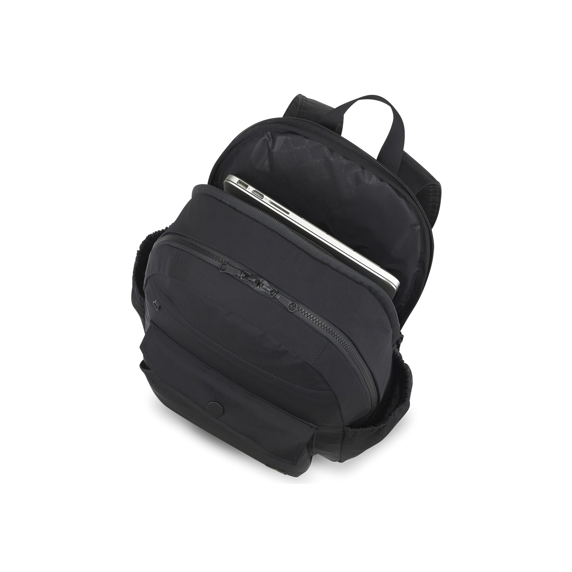 PORTER INTERNATIONAL Lapse Backpack Black textured fabric backpack front flap pocket zip compartments everyday carry