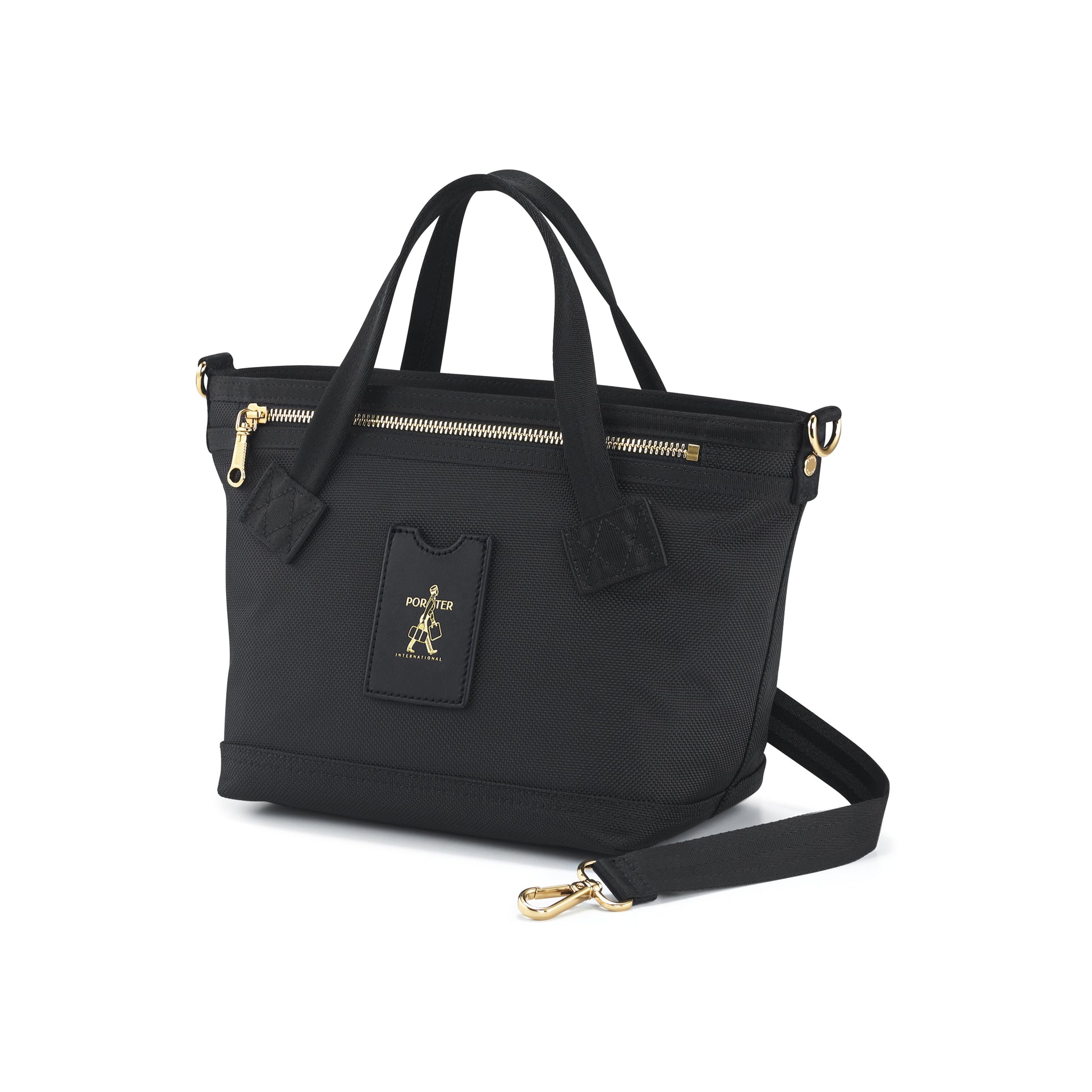 PORTER INTERNATIONAL Luxy Handbag S Black with gold-tone hardware top handles and detachable shoulder strap