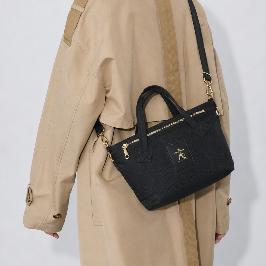 PORTER INTERNATIONAL Luxy Handbag S Black with gold-tone hardware top handles and detachable shoulder strap