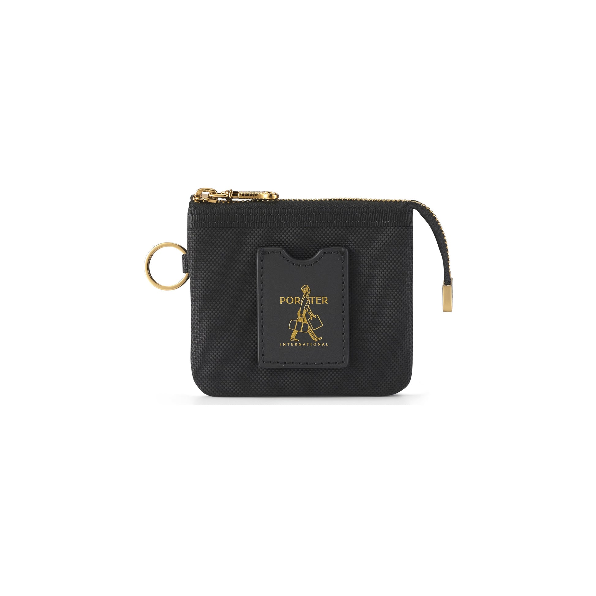 PORTER INTERNATIONAL Luxy Coin Case Black compact zip coin pouch with card slot gold hardware and key ring