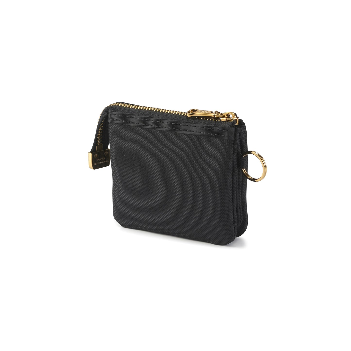 PORTER INTERNATIONAL Luxy Coin Case Black compact zip coin pouch with card slot gold hardware and key ring