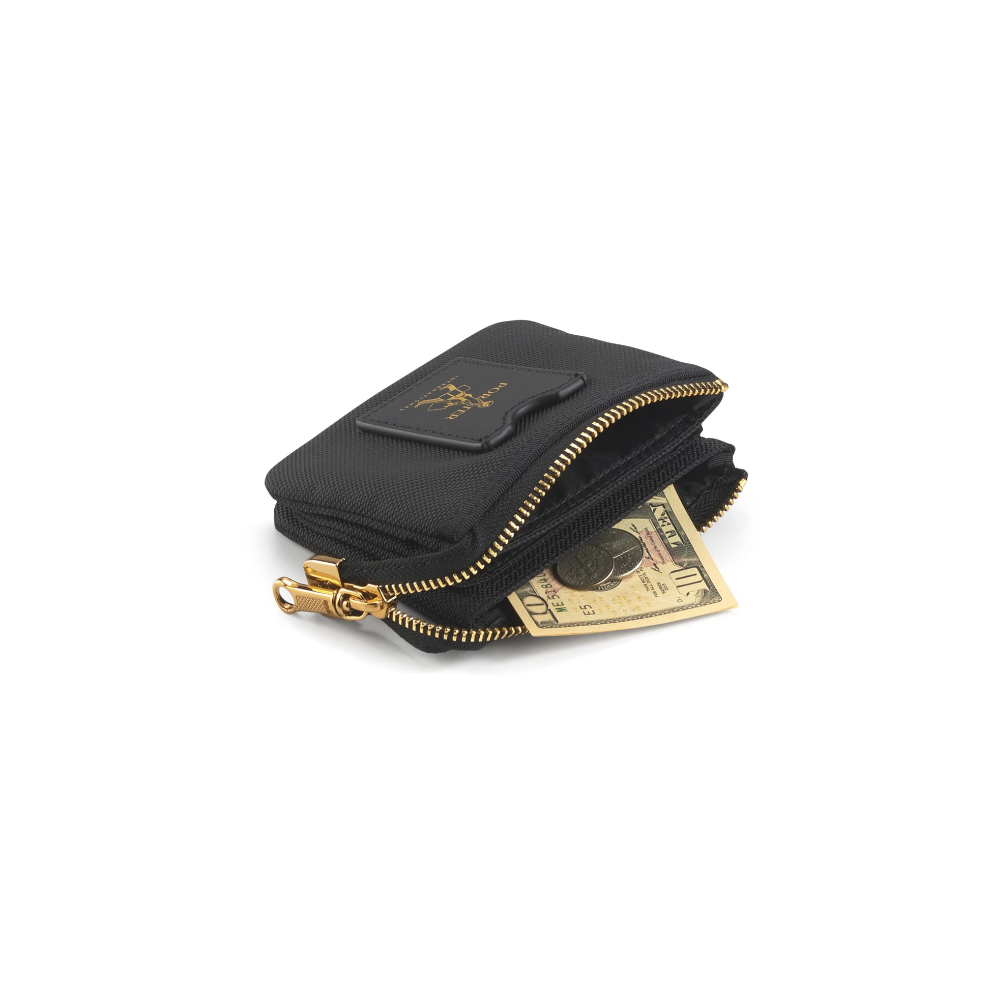PORTER INTERNATIONAL Luxy Coin Case Black compact zip coin pouch with card slot gold hardware and key ring