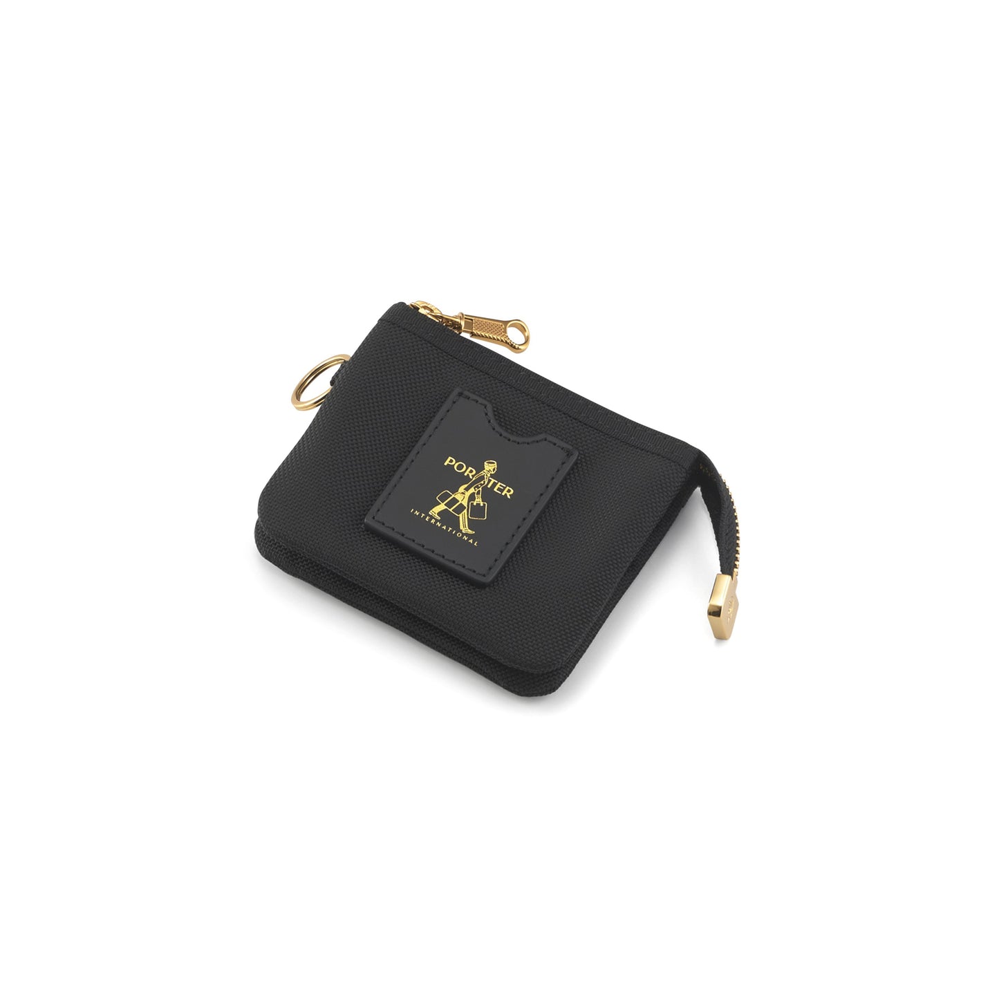 PORTER INTERNATIONAL Luxy Coin Case Black compact zip coin pouch with card slot gold hardware and key ring