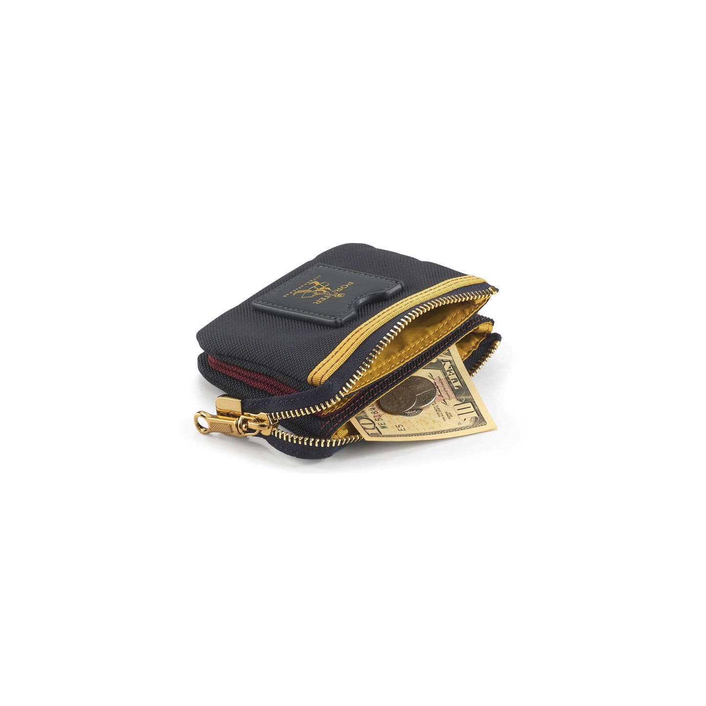 PORTER INTERNATIONAL Luxy Coin Case Navy Blue compact coin pouch gold detail textured everyday accessory minimalist design